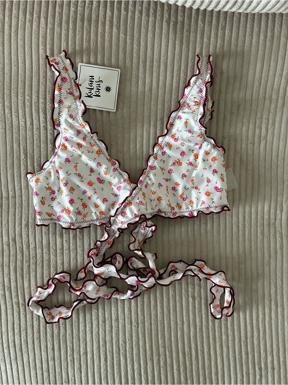 Kulani Kinis White Floral Ruffle Bikini Top with Pink & Orange Flowers - Picture 1 of 4